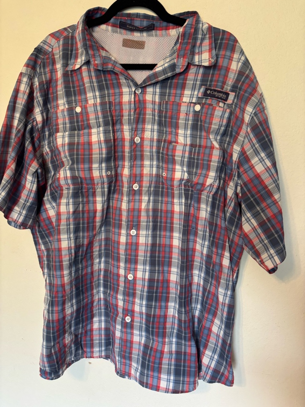 Columbia PFG Super Tamiami Men's Plaid Fishing Shirt Blue Red 2XL Short Sleeve